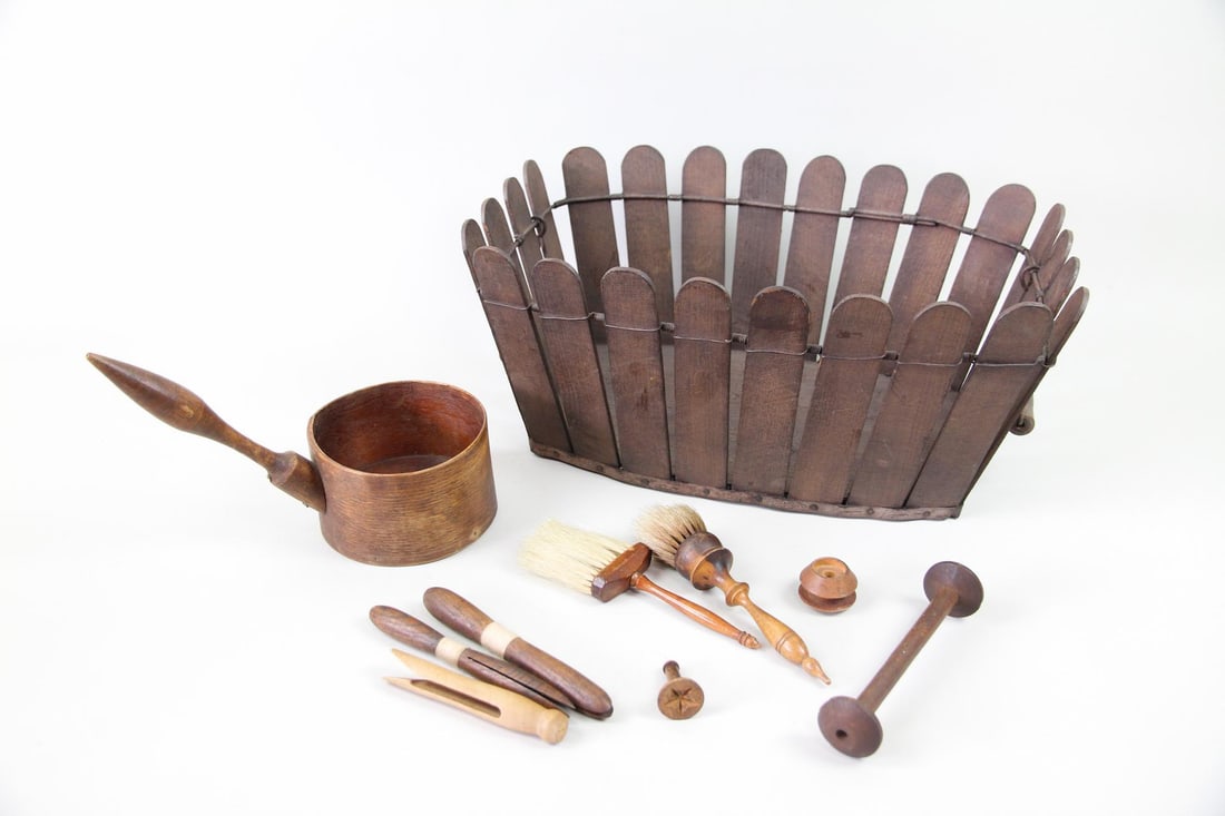 Collection of Primitive Shaker Wooden Housewares, Basket, Brush (1 of 15)