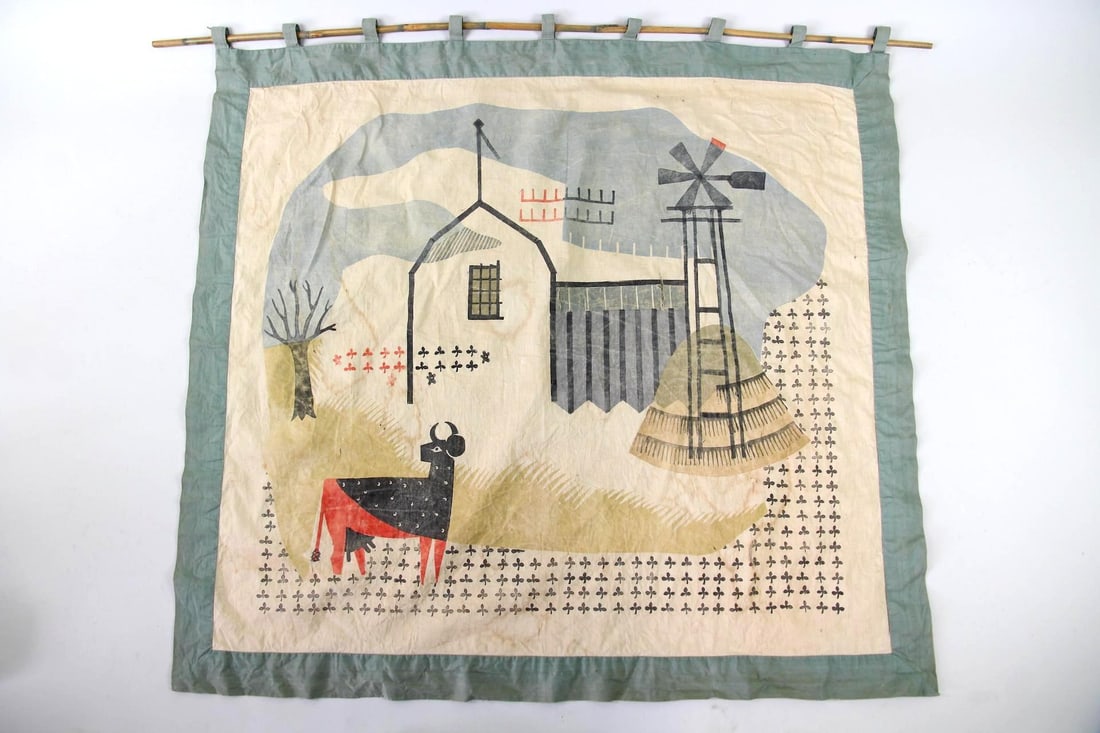 Block Printed Textile Banner with Bull & Farm, Milwaukee WPA Handicraft Project (1 of 13)