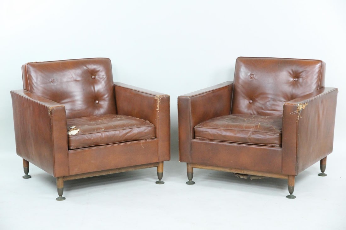 Pair of Stow & Davis Leather Cube Club Lounge Chairs (1 of 20)