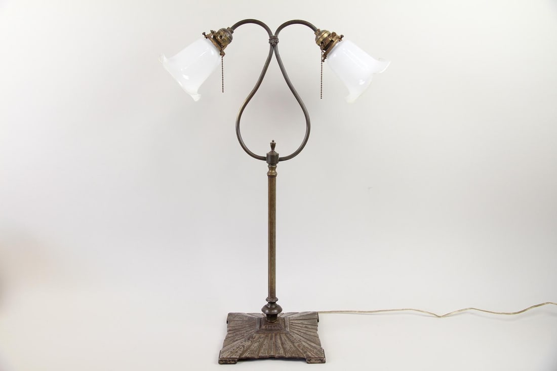 Art Nouveau Double Arm Lamp with Milk Glass Shades (1 of 11)