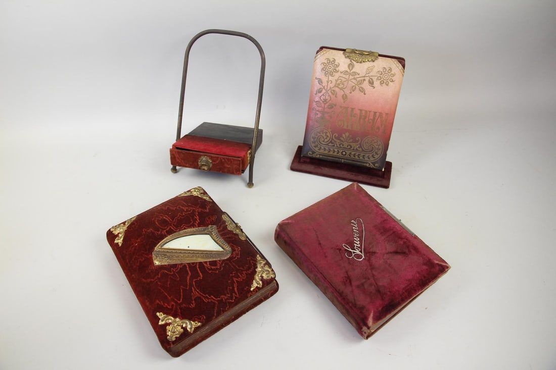 Lot of 3 Cabinet Card Photo Albums, CDV & Tintypes: Lot of 3 Antique Photo Albums from one Hudson Valley Estate. Three fancy photo albums featuring plush red velvet, intricate gilded metal clasps, and ornate frames. Filled to the brim with numerous