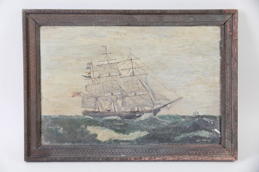Primitive Marine Painting of an American Clipper Ship, Signed 1932 (1 of 12)
