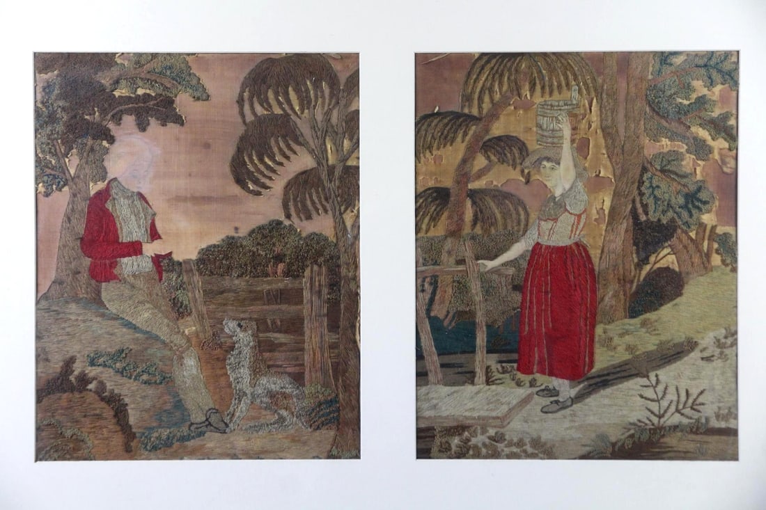 Pair of Needlepoint Illustrations, Figures with Drawn Faces (1 of 15)