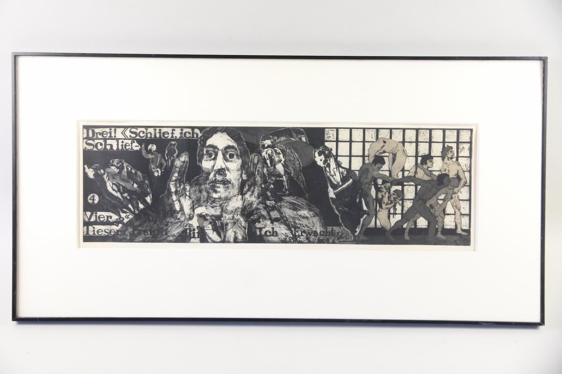 B&W Expressionistic Figurative Etching, German Text (1 of 11)