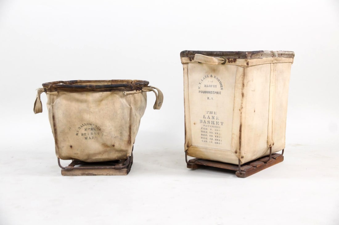 Pair of Industrial Storage Baskets, Stenciled Canvas & Leather (1 of 15)