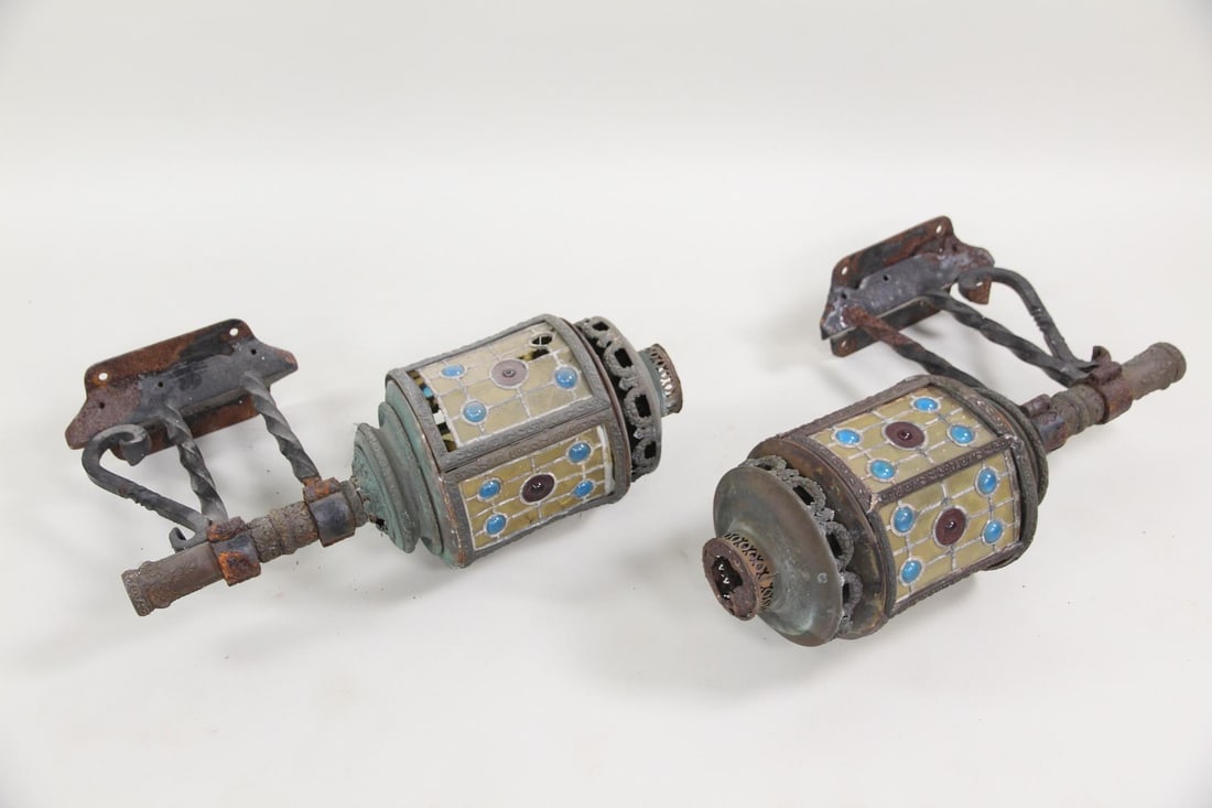 Pair of Gothic Wrought Iron & Stained Glass Architectural Sconces (1 of 15)