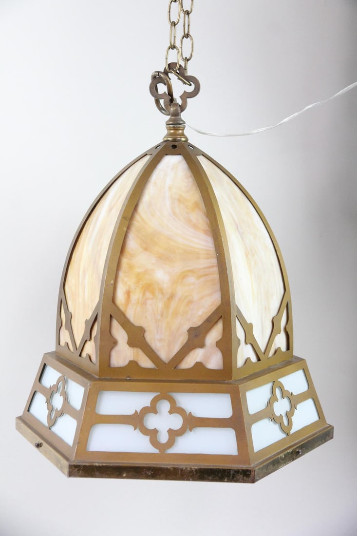 Arts & Crafts Slag Glass Hanging Light Fixture, Hexagonal (1 of 7)