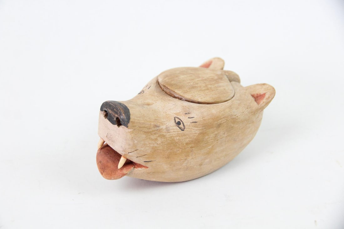 Inuit Carved Wood Bear Head Folk Art Trinket Box (1 of 9)