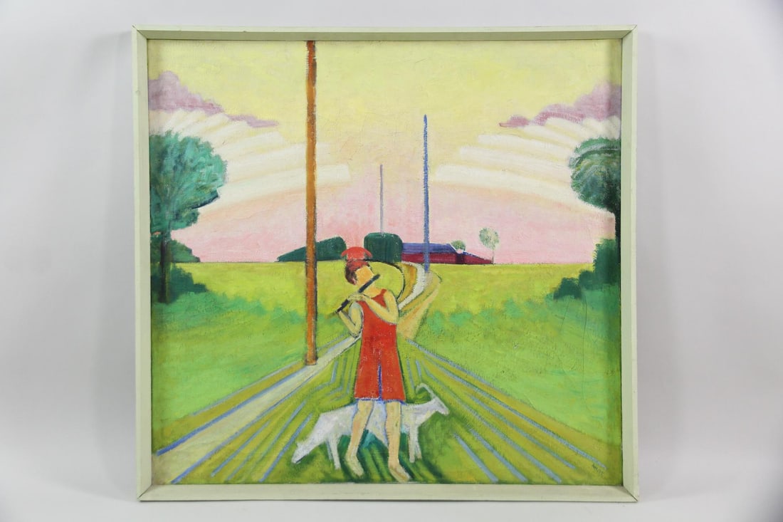 Modernist Painting of a Child Playing a Flute, Astrid Holm: Modernist Fauvism Painting of a Child Playing a Flute, Astrid Holm. Painting on canvas of a girl playing a flute,with 2 goats in a stylized landscape characterized by bold colors, simple forms, and