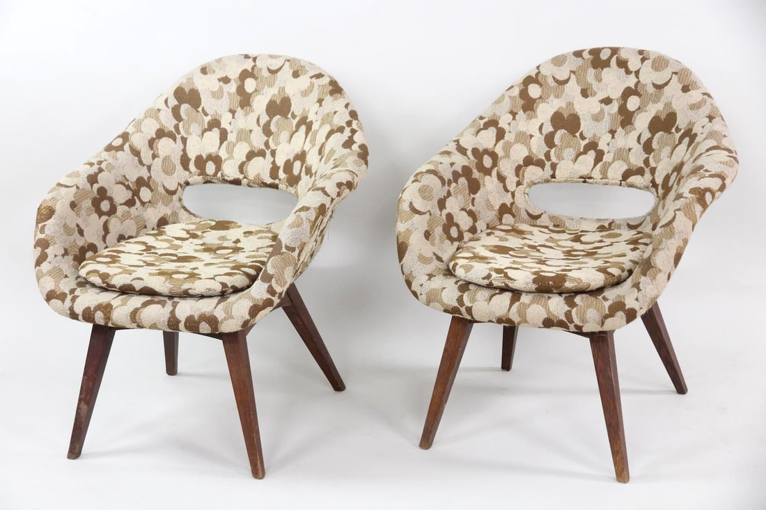 Pair of Sculptural Floral Shell Chairs, Miroslav Navratil: Mid-century Modern Pair of Sculptural Floral Shell Chairs, Miroslav Navratil. A pair of sculptural lounge chairs with shell forms and distinctive cutouts, upholstered in floral brown fabric and set