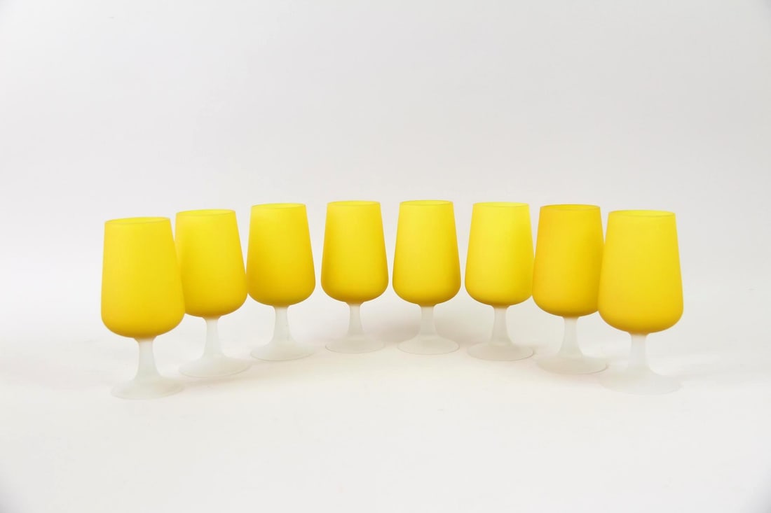 Set of 8 Yellow Frosted Glass Goblets, Wine Glasses (1 of 10)