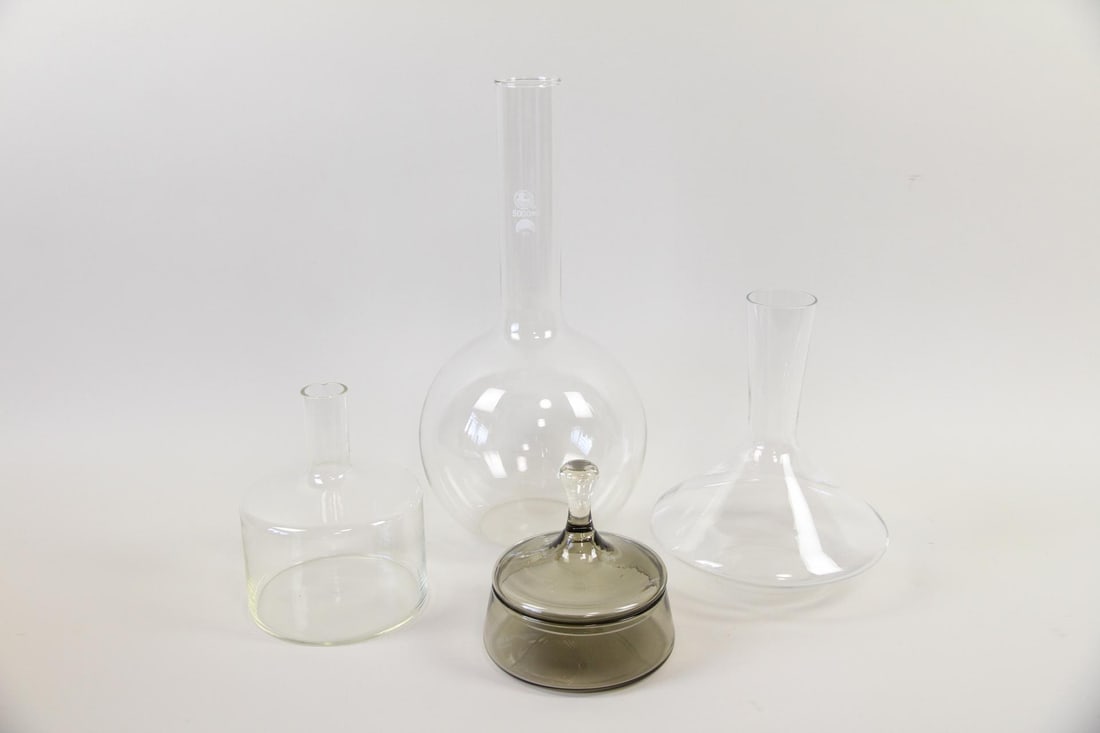 Lot of Four Glassware Items, Flasks, Vases, Apothecary Jar (1 of 9)