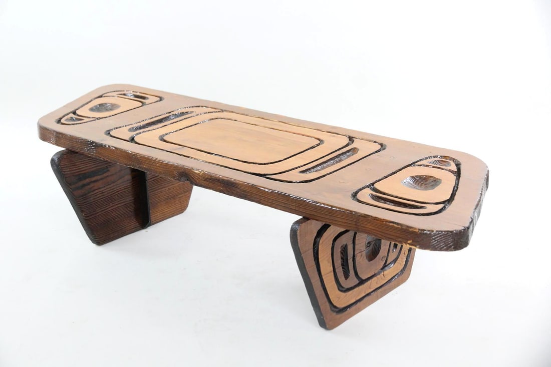 Brutalist Carved Wood Slab Coffee Table (1 of 12)