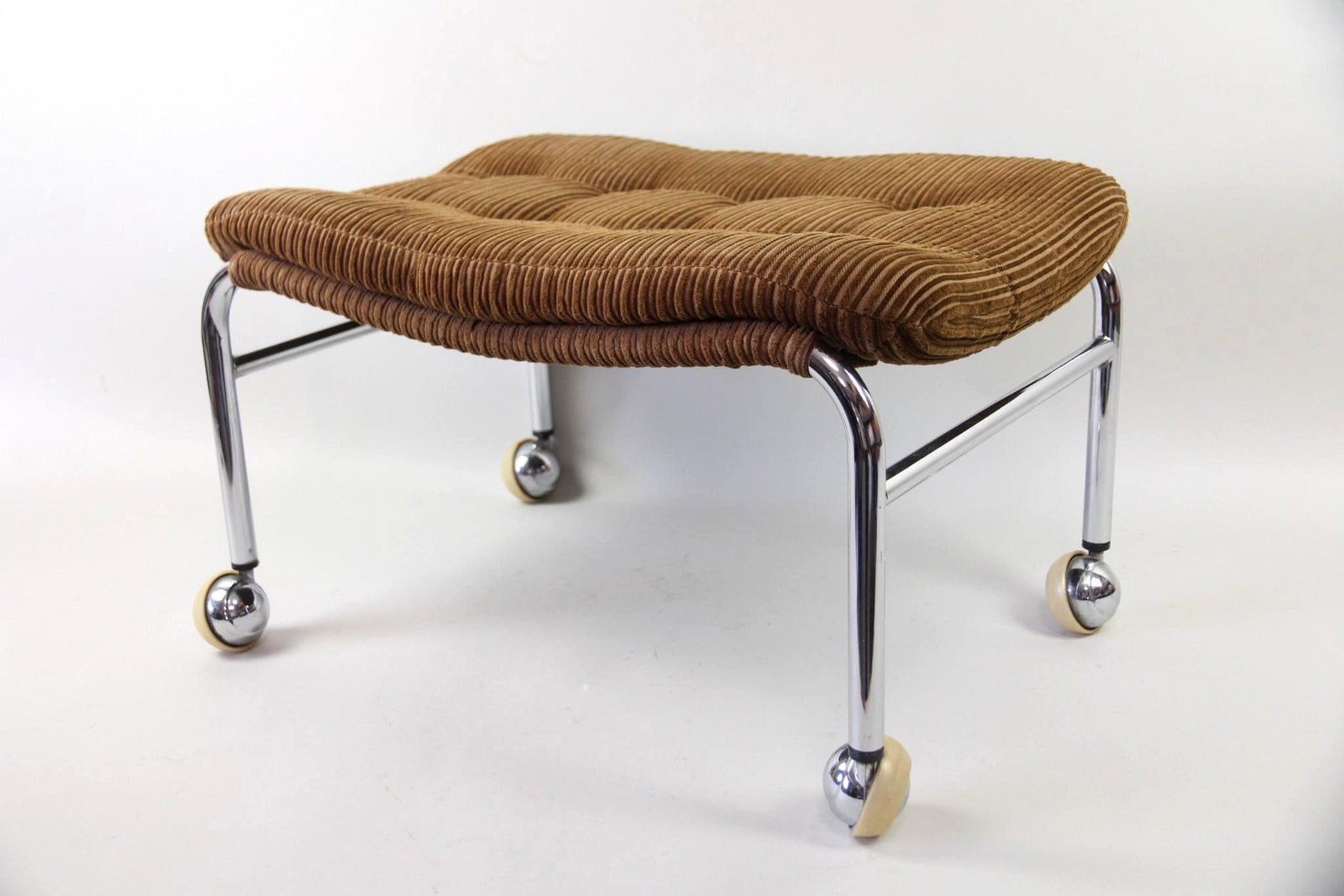 Tubular Chrome Ottoman on Casters, Brown Corduroy (1 of 8)