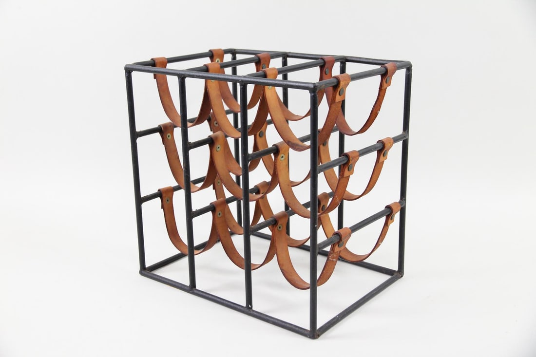 Arthur Umanoff Wine Rack, Leather & Iron, 9-Bottle (1 of 8)