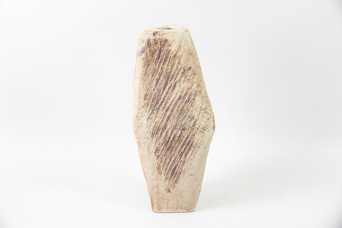 Brutalist Ceramic Vase, Textured Vessel: Brutalist Mid-century Modern Ceramic Vase, Textured Vessel. A tall vessel with thick walls and textured sides with oxide wash. Dimensions are 16.5 in h x 7 in w x 6.75 in d. Condition is very good. Pl