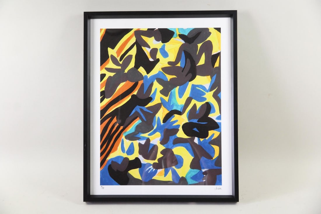 Jan Erika "Blue Puzzle" Abstract Color Print: Jan Erika "Blue Puzzle" Abstract Color Print. Abstract print in vibrant color, numbered 13/75 and signed by the artist Jan Erika (British 20th/21st C), known for her energetic, calligraphic style. In