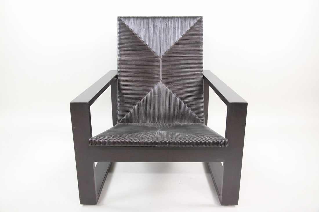 Black MC Home Wood Rattan "Palmilla" Chair: Black MC Home Wood Rattan "Palmilla" Chair. Contemporary chair with simple ebonized rosa morada wooden frame and woven black rattan seat and back. This is a custom designed chair by MC Home. These cha