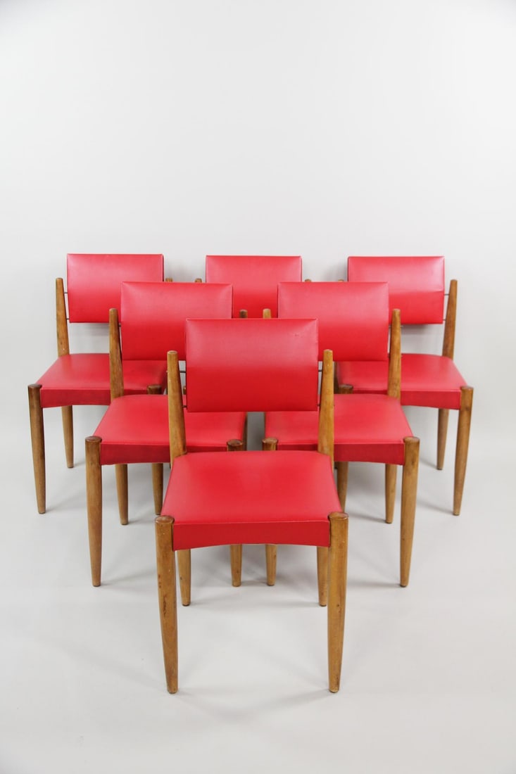 Set of 6 Red Vinyl & Wood Dining Chairs (1 of 16)