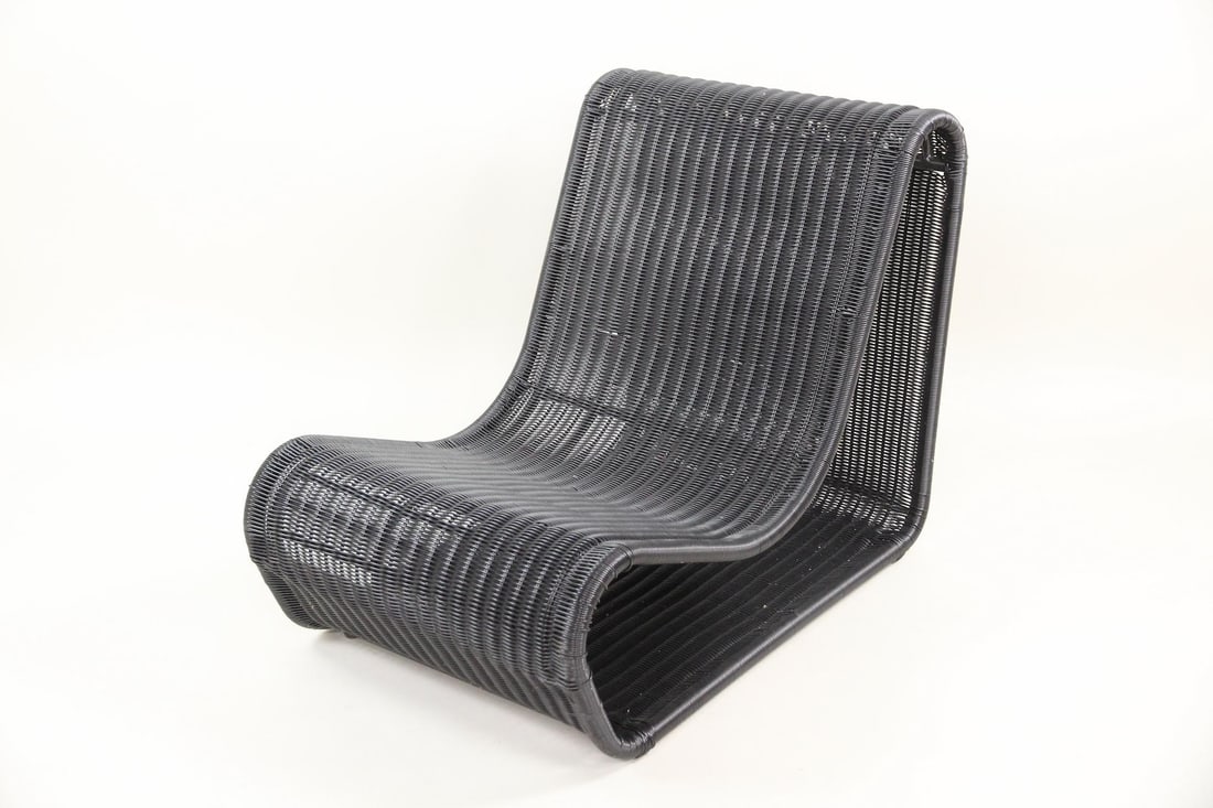 MC Home Black Woven Outdoor "Esperanza" Chair: MC Home Black Woven Outdoor "Esperanza" Lounge Chair, Manner of Willy Guhl. Contemporary outdoor chair with metal frame and covered in tight woven polypropylene. Fade, stain and weather-resistant, in