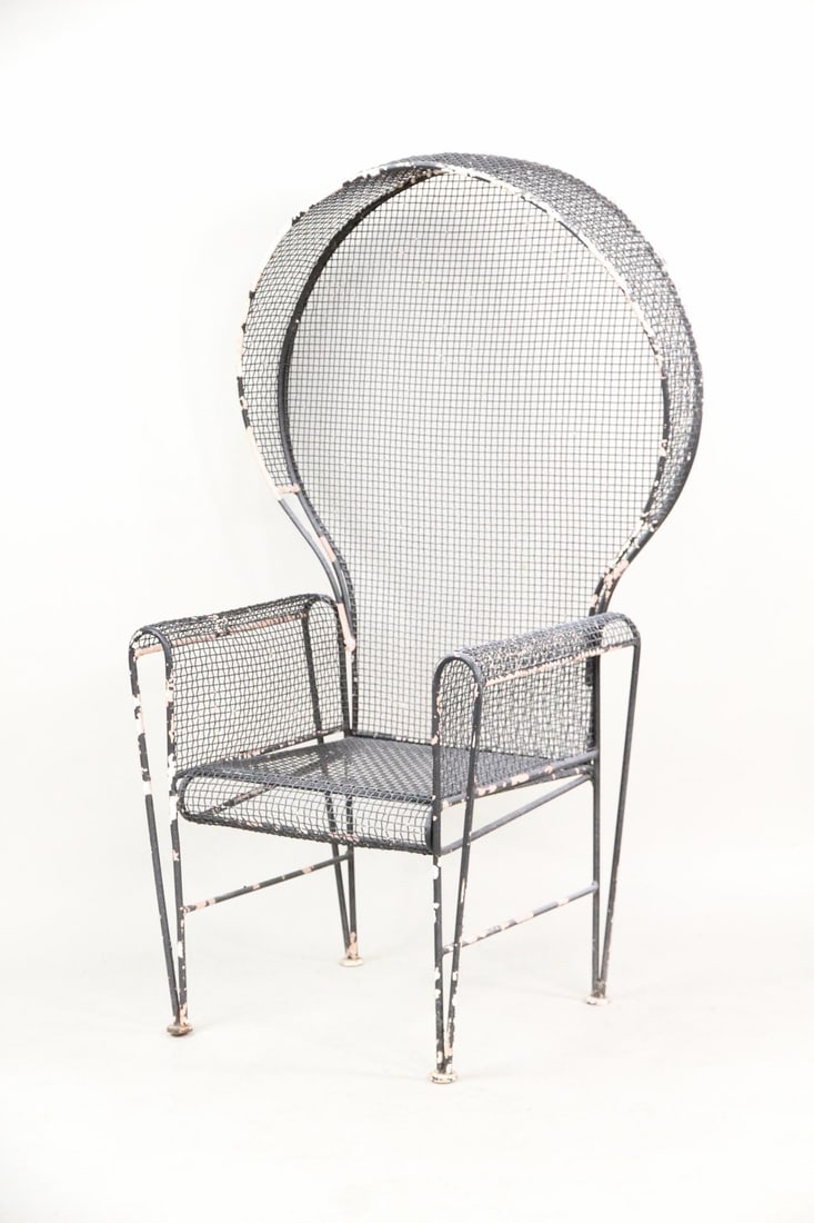 High Back Canopy Outdoor Chair, Russel Woodard: Mid-Century Modern High Back Canopy Outdoor Chair, Russel Woodard. This is a fantastic high-backed canopy chair with a dramatic, towering silhouette. Made of woven metal mesh. We believe this to be