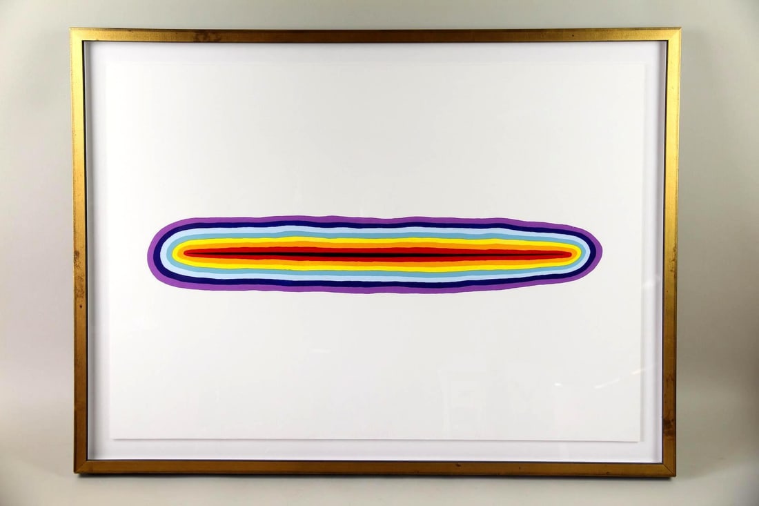 Blaise Hanquet Abstract Rainbow Painting & Book: Blaise Hanquet Abstract Rainbow Painting & Catalogue. This painting on paper features a horizontal, elongated oval shape composed of a rainbow spectrum of concentric bands. Included is a book