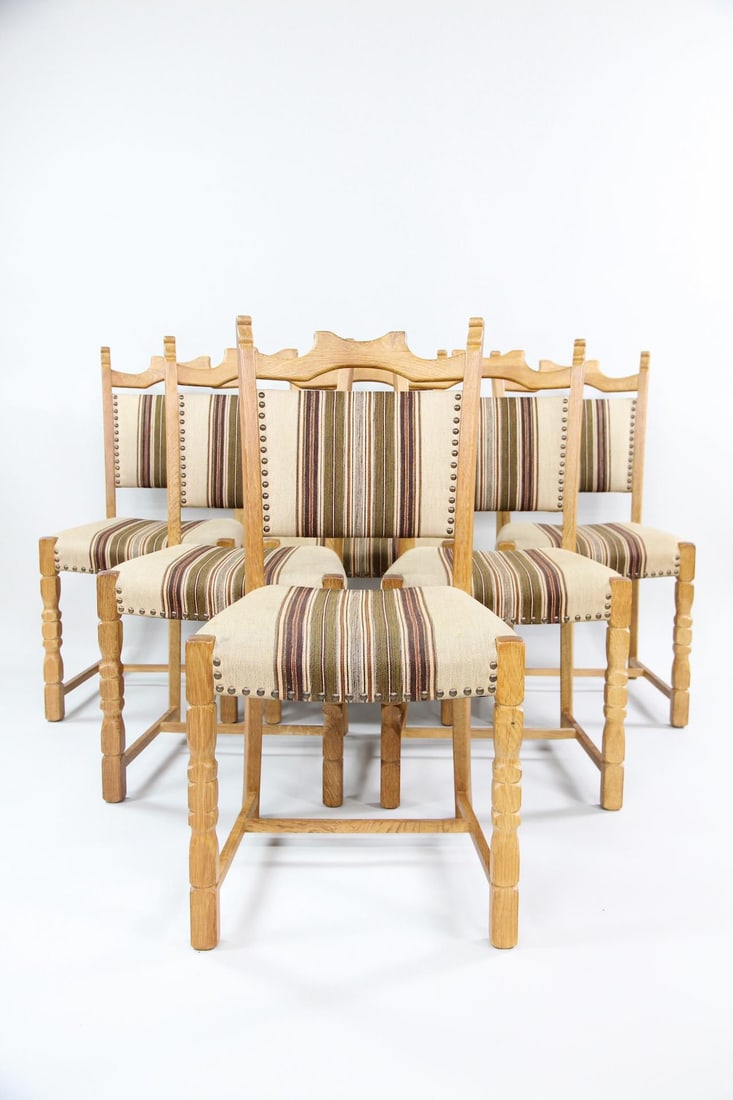 Set of 6 Brutalist Oak Dining Chairs, Henning Kjaernulf (1 of 13)