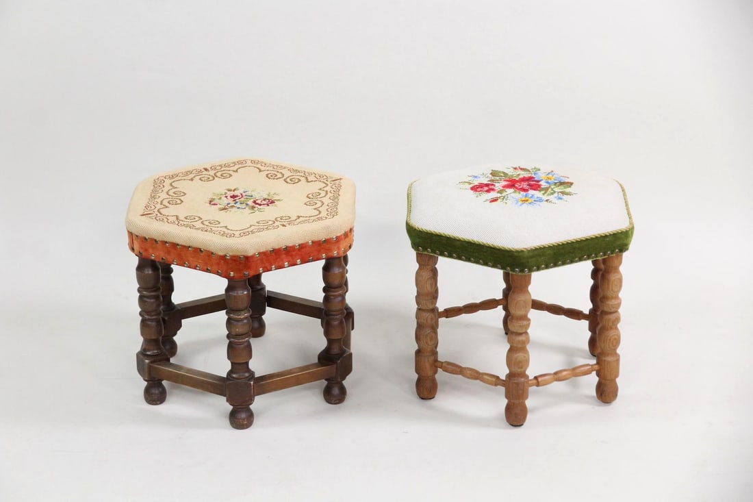 Pair of Turned Wood Foot Stools, Floral Needlepoint (1 of 11)