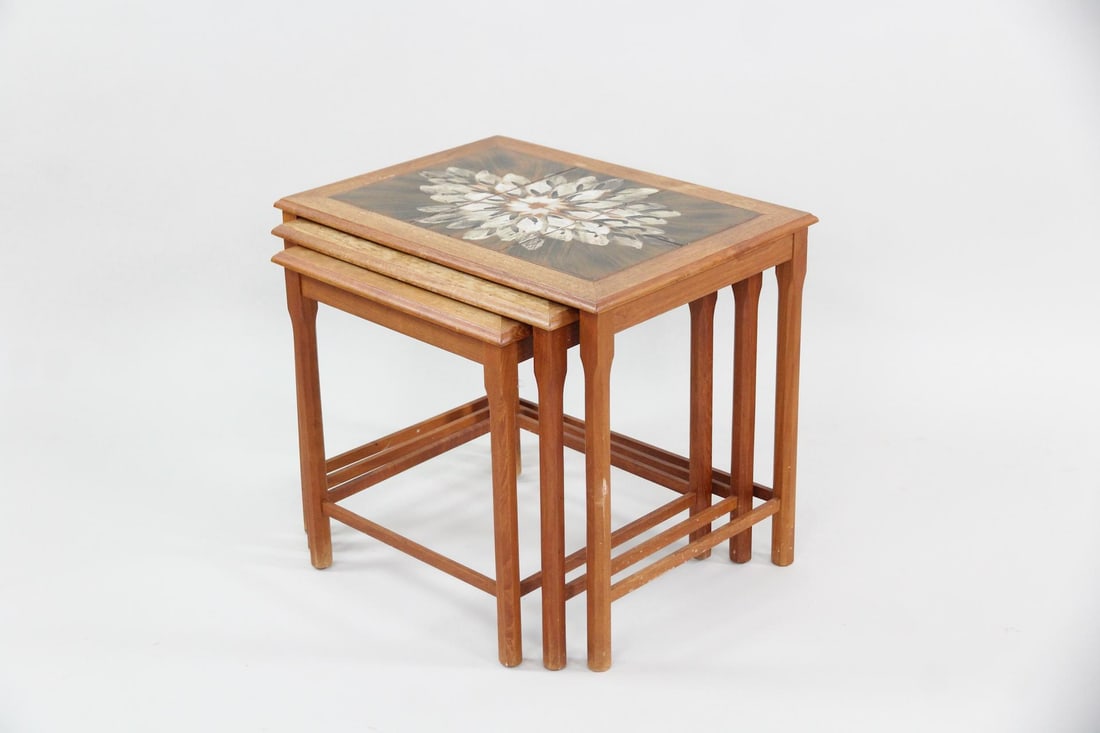 Set of 3 Teak & Ceramic Tile Nesting Tables (1 of 13)