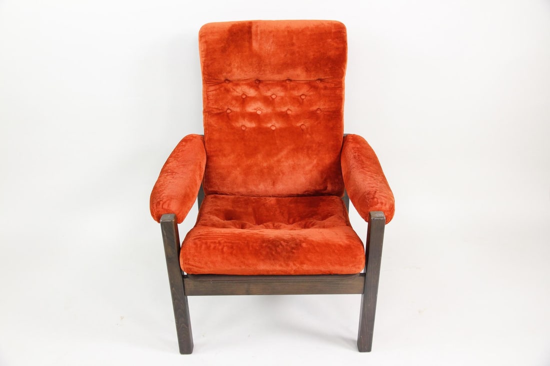 Orange Velvet Mid Century Modern Lounge Chair: Danish Mid-century Modern Orange Velvet Lounge Chair. Lounge chair with wooden frame, upholstered in vibrant orange velvet upholstery. Dimensions are 34 in h x 32 in w x 29 in d. Seat height is 16 in.
