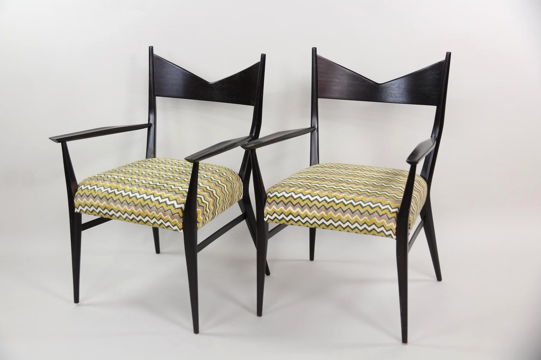 Pair of Paul McCobb Dining Chairs for Directional, Bowtie Back: Pair of Mid-century Modern Pair of Paul McCobb Dining Chairs for Directional, Bowtie Back. A pair of captain's chairs with distinctive angular frames made of wood with a dark finish and zig-zag