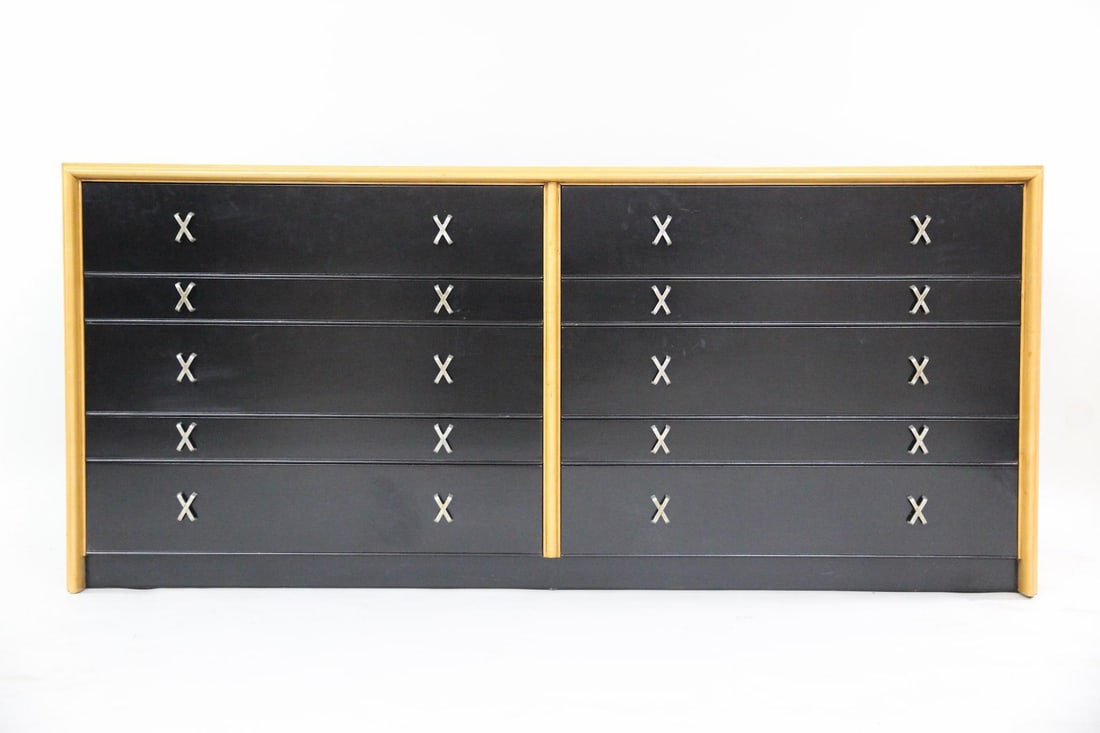 10-Drawer Dresser by Paul Frankl for Johnson Furniture Co.: Mid-century Modern Double Dresser, Chest of Drawers, Paul Frankl. A spacious double dresser with ten total drawers in two different heights. It is made of blonde wood with black drawers, and has