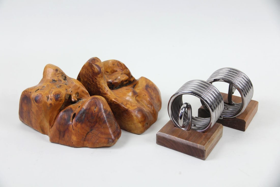 2 Pairs of Bookends, Burled Wood & Metal Coils (1 of 11)