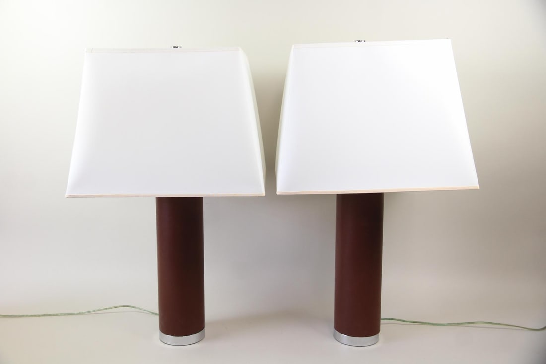 Pair of Ralph Lauren Brown Leather & Chrome Lamps (1 of 14)