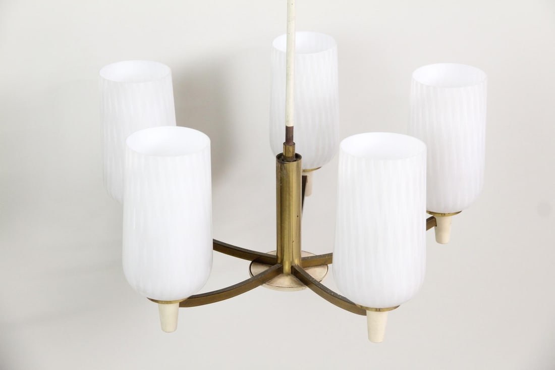5 Arm Brass & Frosted Glass Chandelier (1 of 12)