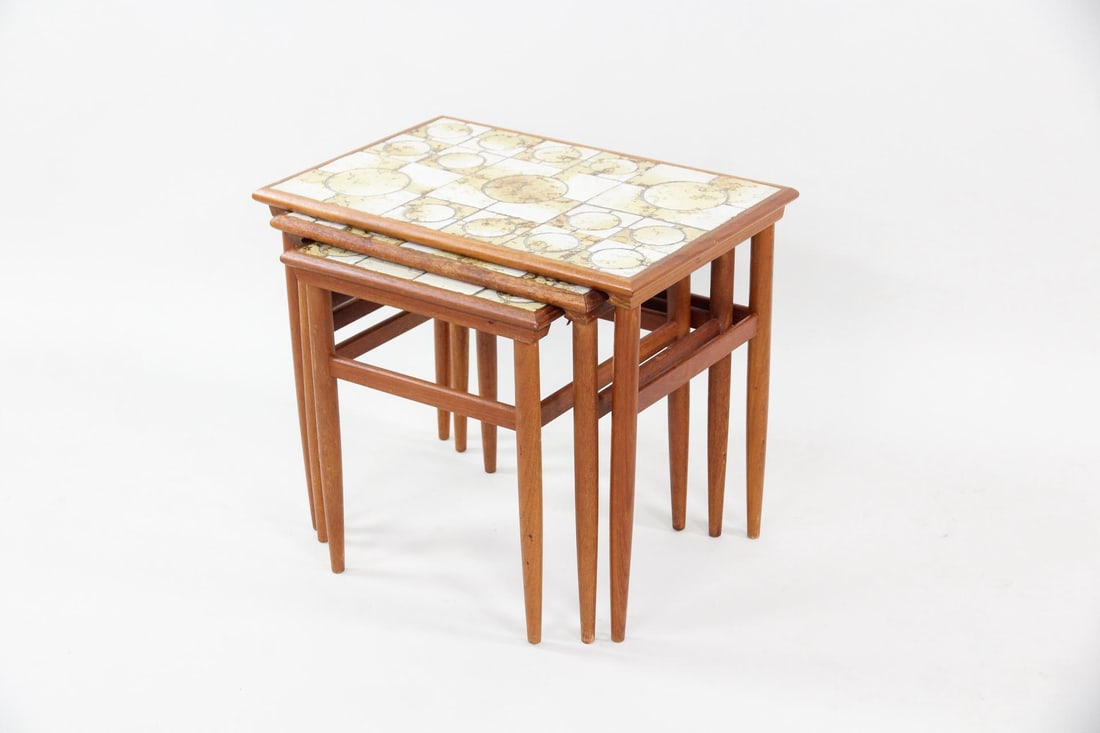 Set of 3 Teak Nesting Tables, Geometric Tile Top (1 of 11)