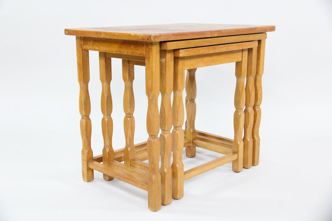 Set of 3 Brutalist Oak Nesting Tables, Henning Kjaernulf (1 of 10)