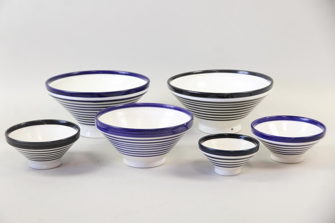 Lot of 6 Moroccan Fez Bowls, Striped Pottery: Lot of 6 Moroccan Fez Bowls, Striped Pottery. This is a group of ceramic bowls in various sizes with blue & black stripes. Marked Fes to the bottoms with individual makers' names. Dimensions range