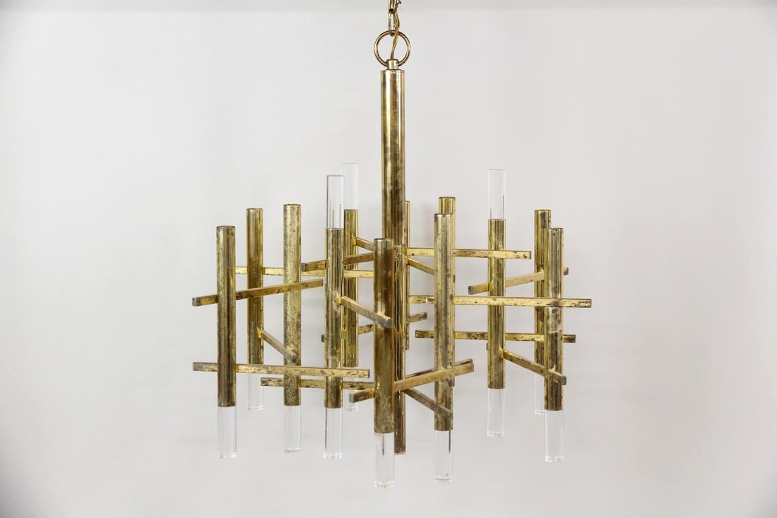 Gaetano Sciolari Chandelier, Brass and Lucite (1 of 9)