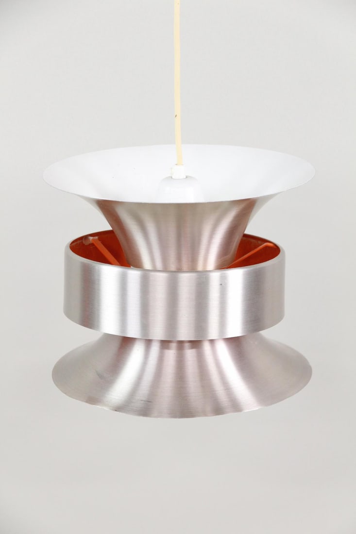 Carl Thore Trava Aluminum Pendant Light: Scandinavian Modern Carl Thore Aluminum Pendant Light Lamp. Hanging light made of aluminum with orange lacquer accents, by Carl Thore for Granhaga Metallindustri. Dimensions are 8 in h x 10 in w x 10