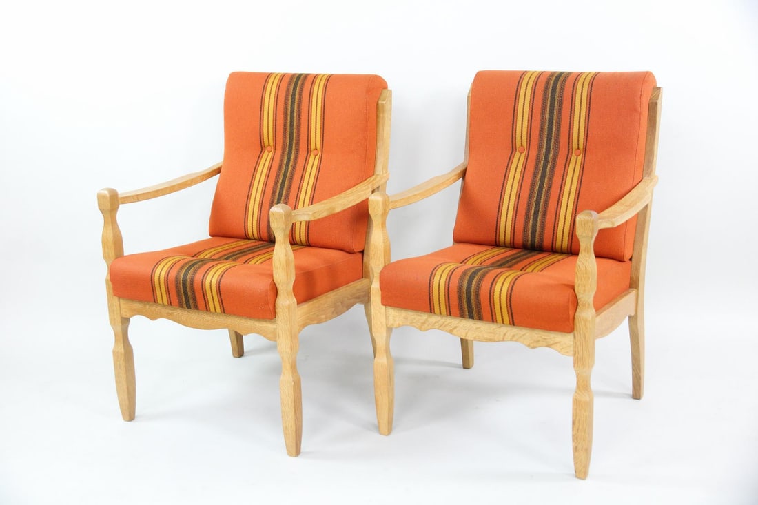 Pair of Oak & Striped Wool Armchairs, Henning Kjaernulf (1 of 17)