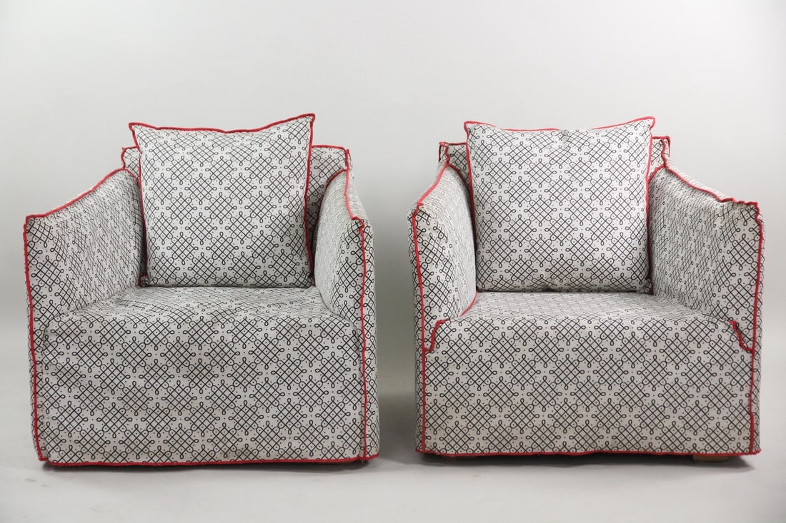 Pair of Paola Navone "Ghost 05" Chairs for Gervasoni: Pair of Paola Navone Ghost Chairs. Matching pair of chairs with removable slipcovers in a black and white patterned fabric, with visible red seams. They are not marked. Dimensions are 30 in h x 36 in