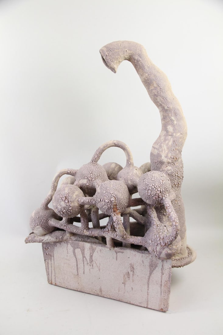 Arnie Zimmerman Stoneware Sculpture, "Boatman": Arnie (Arnold) Zimmerman Abstract Ceramic Sculpture, Boatman. C. 1990's abstract stoneware sculpture featuring interconnected spheres with a protruding tusk-like form. Glazed in a drippy gray crackle