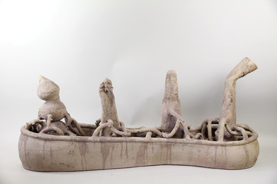 Arnie Zimmerman Stoneware Sculpture, Abstract Boat: Arnie (Arnold) Zimmerman Abstract Ceramic Stoneware Sculpture, Untitled, Abstract Boat. C. 1990's large stoneware sculpture is a long, boat-like base holding several abstract forms connected by