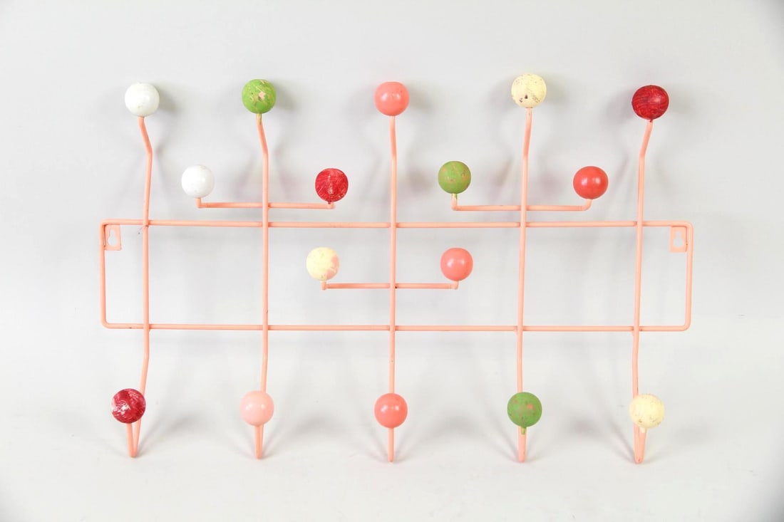 Colorful Wall Hooks, Eames Hang-It-All: Mid-century Modern Coat Rack, Eames Hang-It-All. This wood and wire metal coat or hat rack is painted pink with playful green, red, & white spherical balls at the ends of angular hooks. In the style o