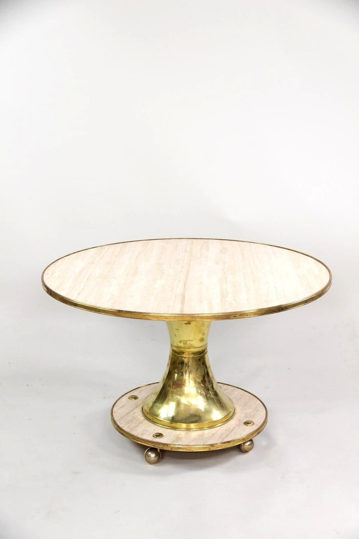 Travertine & Brass Pedestal Center Table (1 of 12)