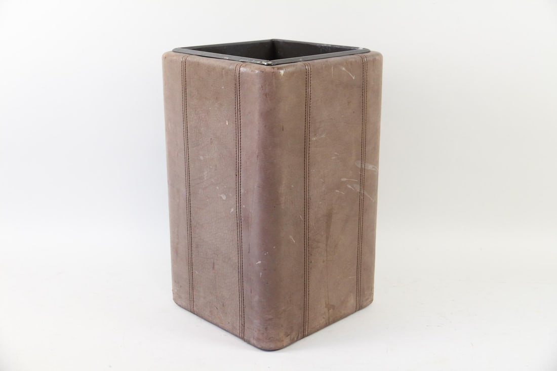 Brown Leather Clad Metal Waste Basket (1 of 11)