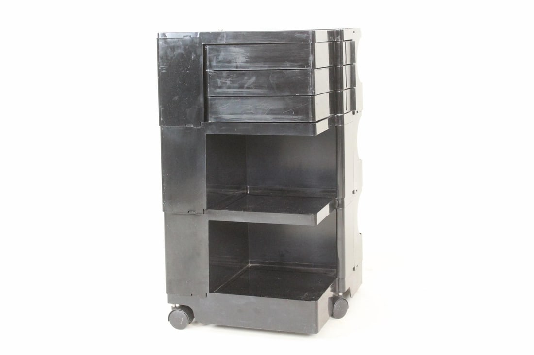 Postmodern Plastic Utility Storage Cart, Stacor: Postmodern Plastic Utility Storage Cart, Stacor. This rolling office or studio trolley cabinet on wheels has open shelving, drawers that swivel out, and a divided tray on top. Marked as Stacor, Malays