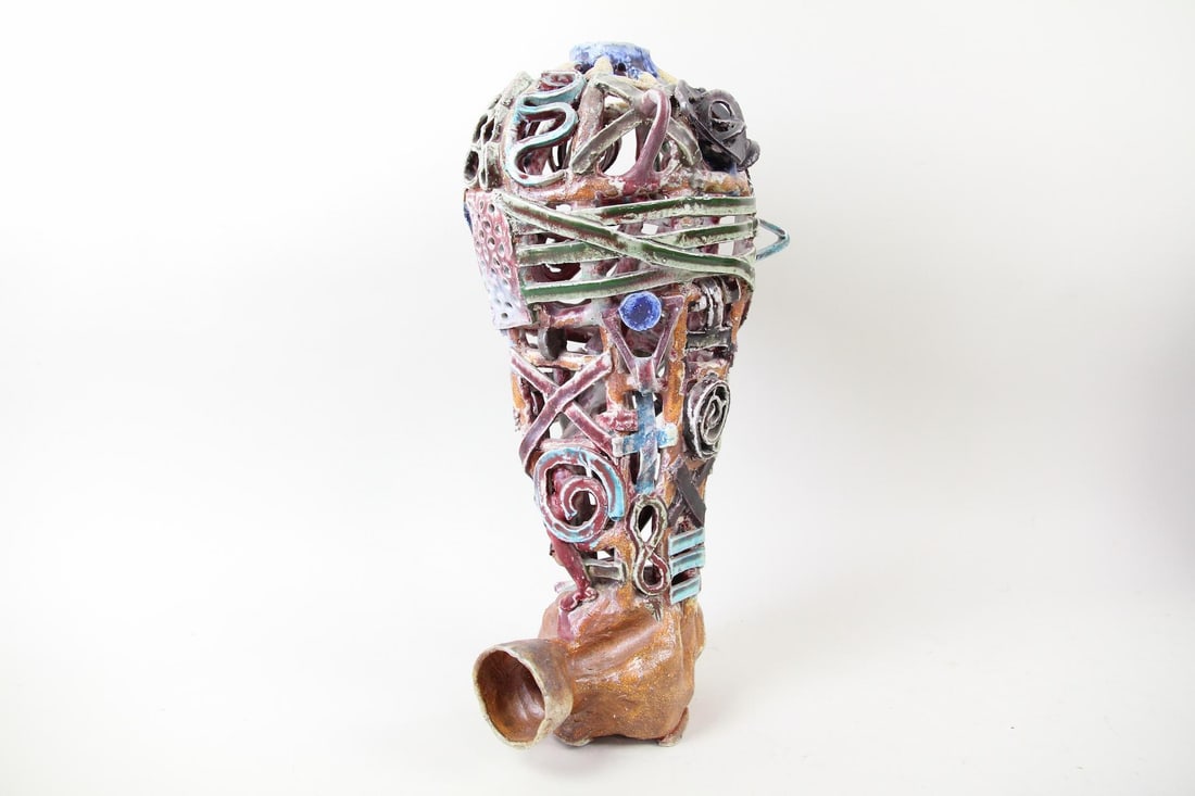 Arnie Zimmerman Stoneware Sculpture, Vase Cage: Arnie (Arnold) Zimmerman Ceramic Sculpture, Vase Cage. Soda fired stoneware multicolored sculpture with open and intricate design and applied details. Signed on the underside by the artist Arnie Zimme