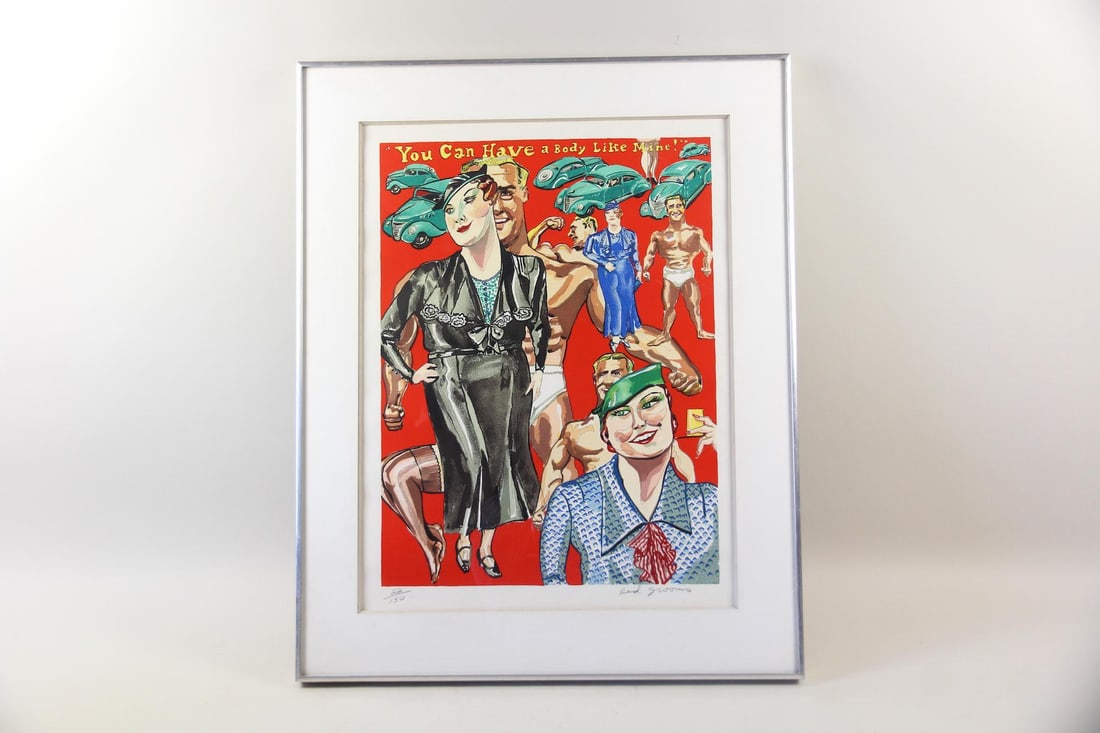Red Grooms Screenprint, "You Can Have a Body Like Mine!": Red Grooms Pop Art Screenprint, "You Can Have a Body Like Mine!". A screenprint on paper enitled, "You Can Have a Body Like Mine!" by Pop artist Red Grooms (b. 1937, Tennessee), depicting male bodybui